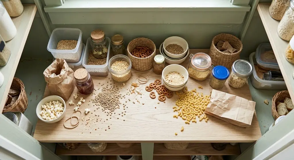 Messy pantry shelf with mismatched containers and spilled snacks