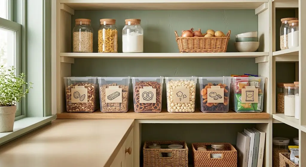 Clear plastic pantry bins organizing different types of snacks