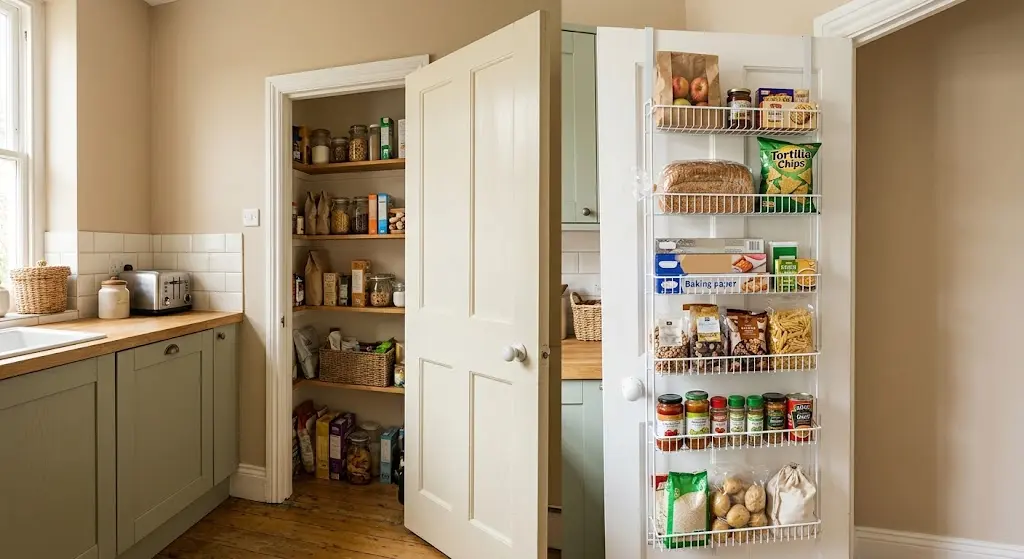 Over-the-door pantry rack filled with snacks and food supplies