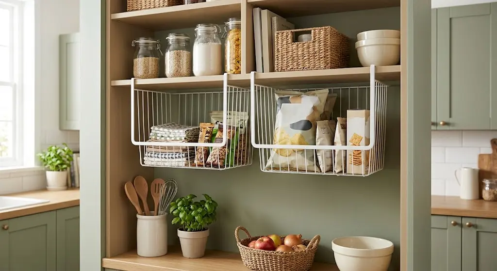 Wire baskets mounted under a pantry shelf holding snacks and napkins