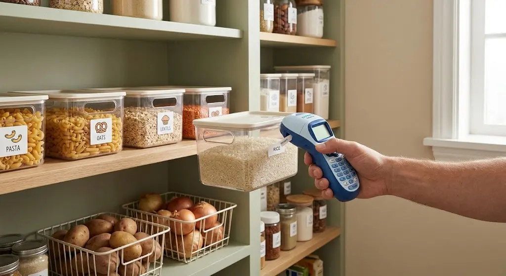 Hand applying a label to a clear pantry storage bin