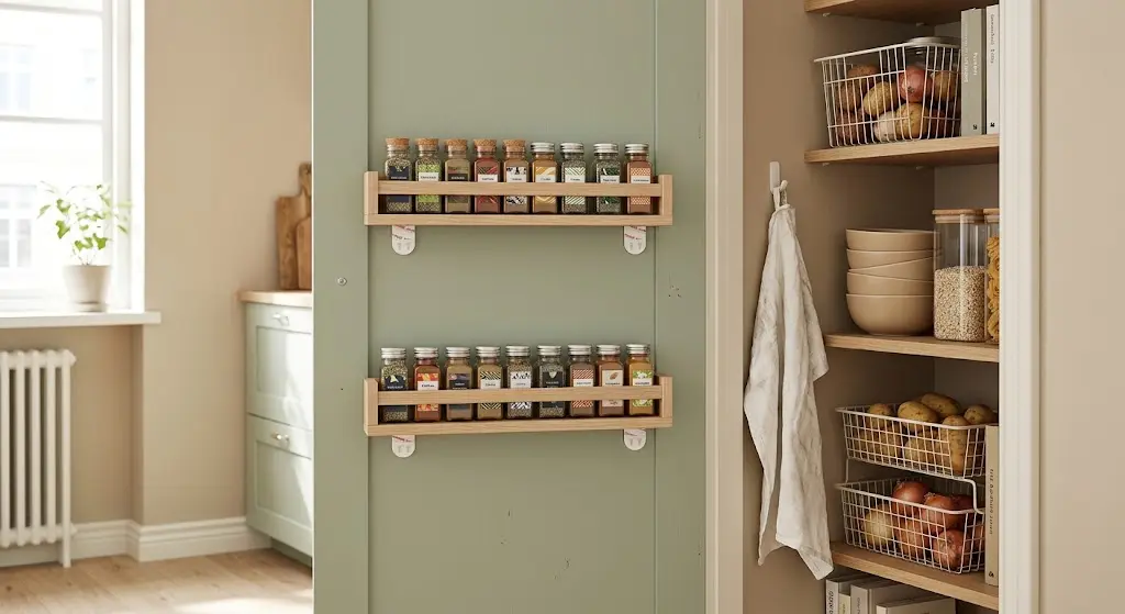 Pantry door with shallow spice racks holding neatly arranged spice jars