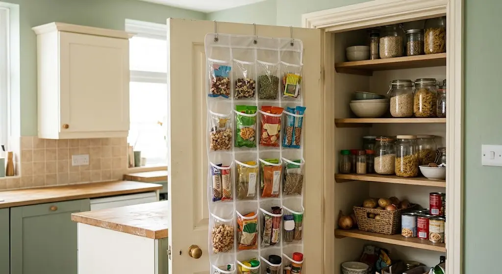 Over-the-door shoe organizer filled with snacks and pantry packets