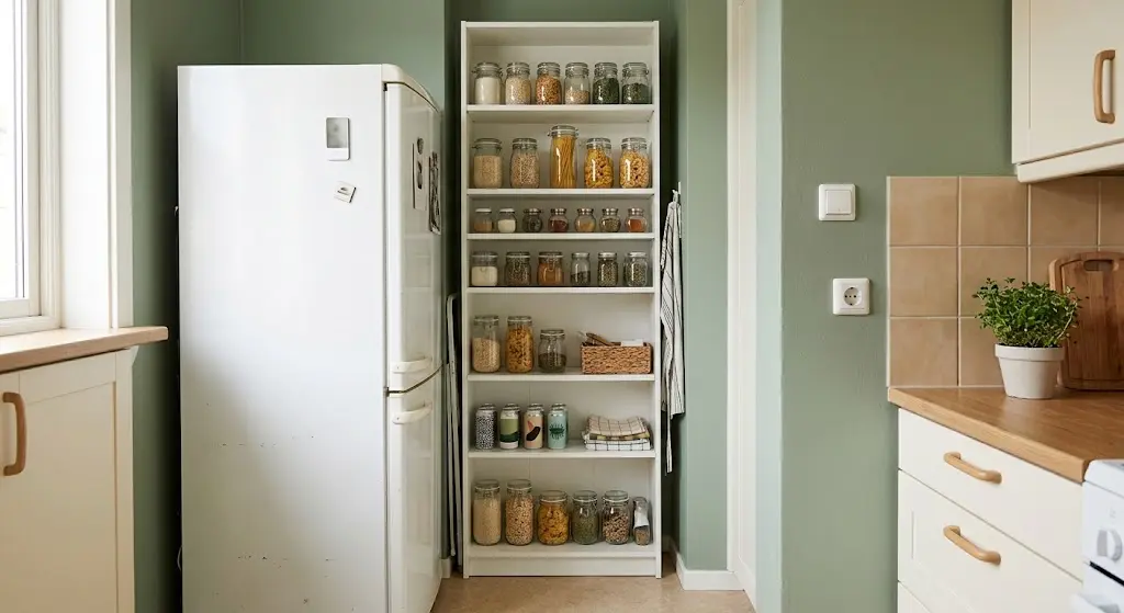 Slim white pantry shelf tucked between a refrigerator and wall