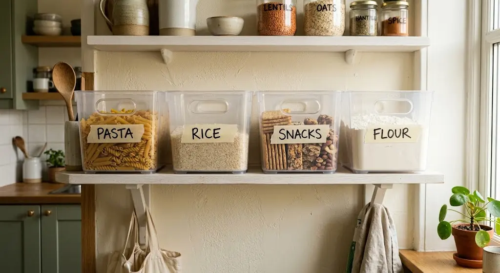 Clear pantry bins organizing pasta, rice, snacks, and flour