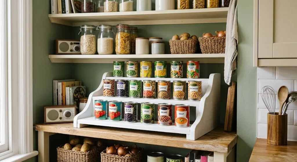 Small pantry organization ideas: Small pantry shelf with canned goods organized on a tiered riser.