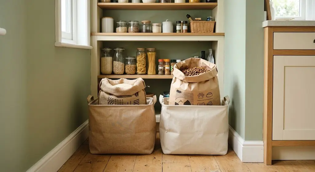 Collapsible fabric baskets storing bulk rice and pet food in a pantry