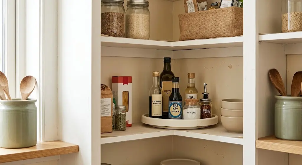 Pantry corner with a lazy Susan holding oil, vinegar, and sauces
