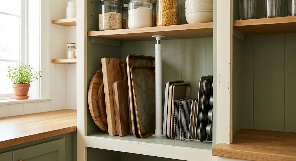 Baking sheets and cutting boards separated by a vertical tension rod
