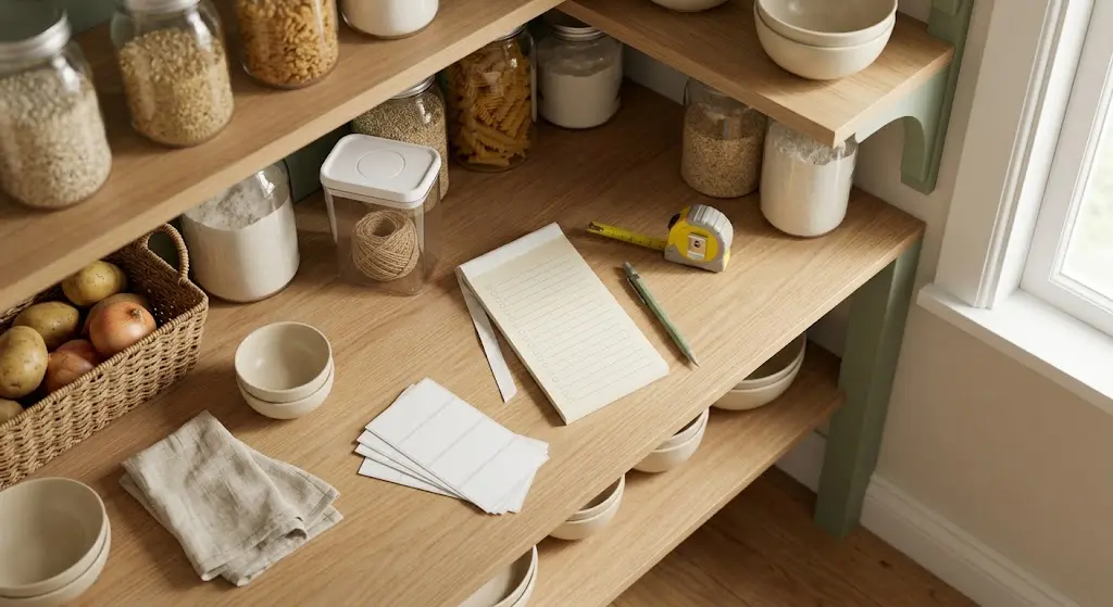 Pantry organization supplies with tape measure, labels, notepad, and clear bin